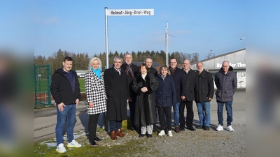 Erinnerung an das außergewöhnliche Engagement für die Spielvereinigung Brakel (v.l.): Thorsten Kraut, Viola Wellsow, Bürgermeister Hermann Temme, Christian Reineke, Gerda Maria Scheideler, Manfred Heller, Claudia Reineke, Alexander Kleinschmidt, Udo Bernsmann, Dietmar Kaiser und Detlef Meyer. (Foto: Stadt Brakel)