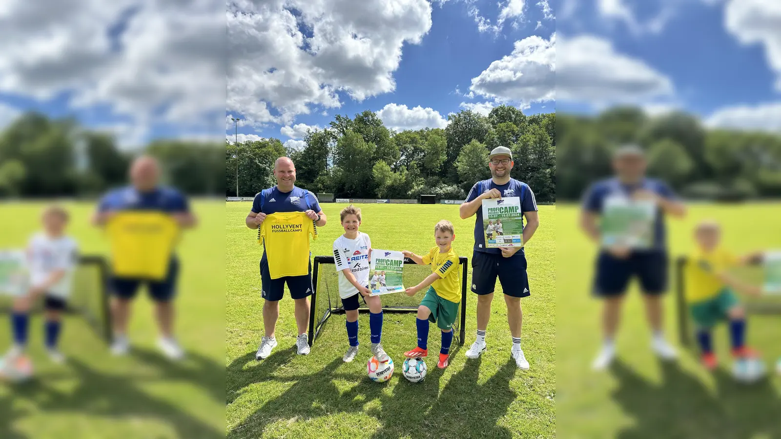 Werben für das Fußballcamp (v.l.): Tobias Otto (Vorsitzender Jugendabteilung), Bastian &amp; <br>Benjamin, Michael Brockmann (1. Vorsitzender). (Foto: privat)