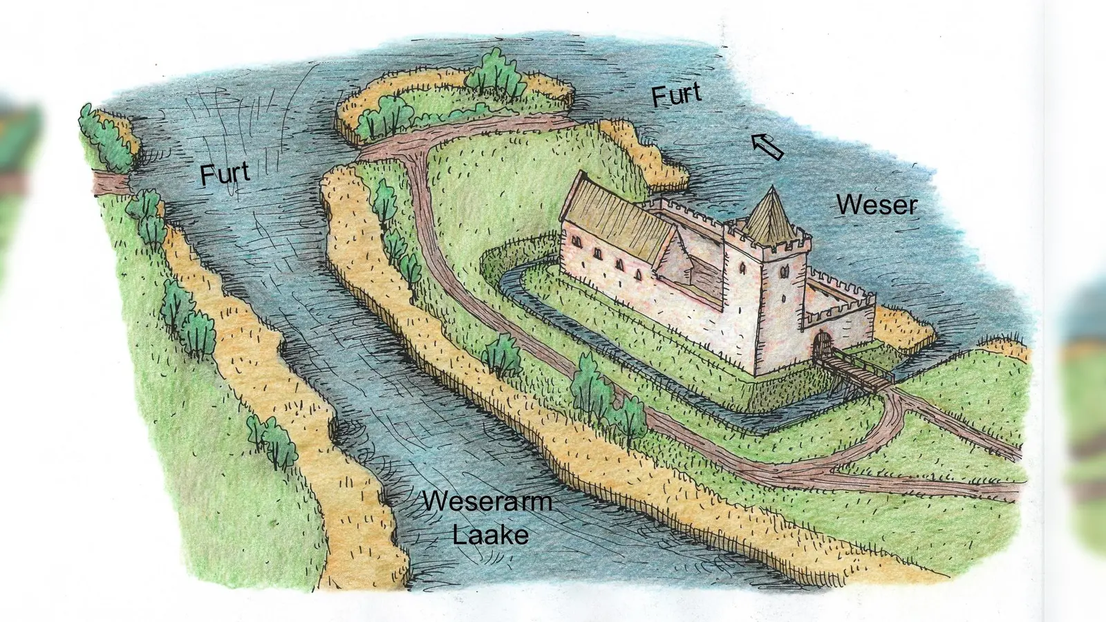 Die Spitzenburg Gieselwerder, abgebrochen 1303. Nach Bodenfunden angefertigte Zeichnung des Archäologen und Burgenforschers Dr. Thomas Küntzel, Göttingen. (Foto: Dr. Thomas Küntzel)