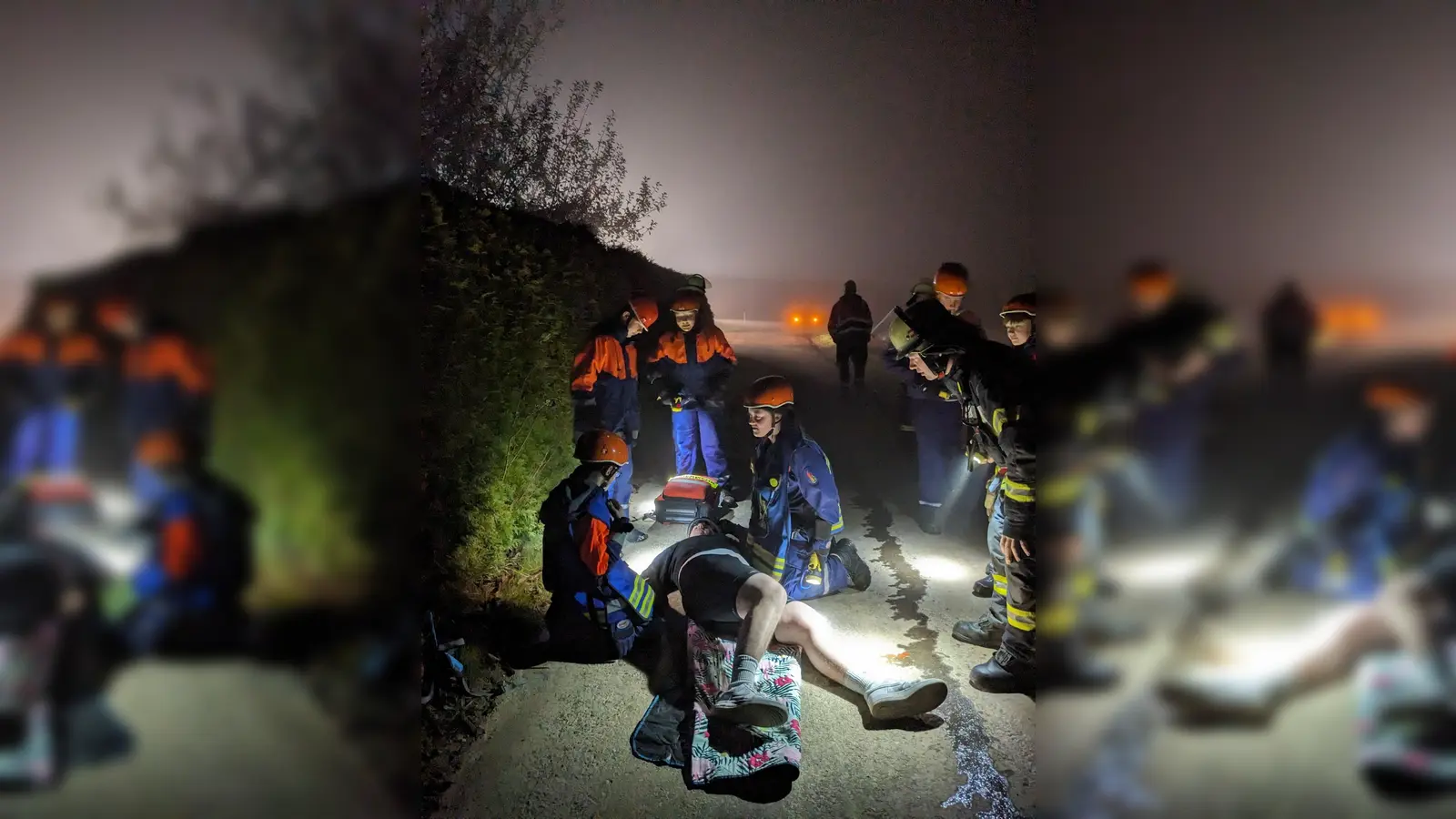 Der erste Einsatz am zweiten Tag: Ein gestürzter Radfahrer in der Feldmark. Die Ölspur direkt neben dem Radfahrer wurde nach der Patientenversorgung auch beseitigt. (Foto: FFW Herstelle)