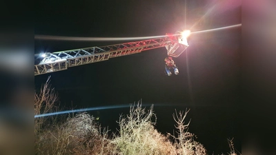 Aufwändig wurde die ungewöhnliche Rettungsaktion mit der Drehleiter durchgeführt. (Foto: Foto: Sebastian Ewen, Feuerwehr Beverungen)