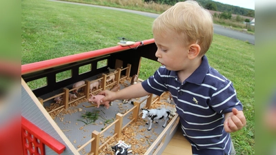 Hannes (2) spielt mit dem Bauernhof, der das letzte Projekt von Wilfried Rusche war, bevor dieser Anfang 2023 überraschend verstarb. (Foto: privat)